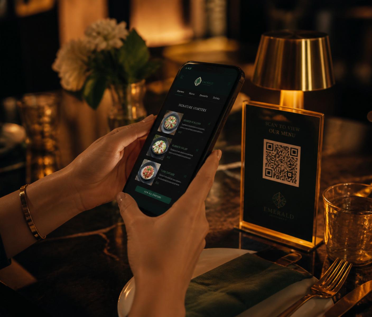 Diner scanning QR code and viewing digital menu on smartphone